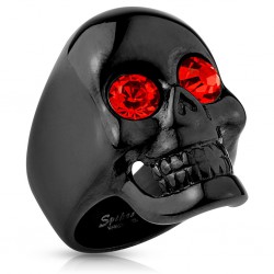 Bague tête de mort yeux strass rouge acier noir S1022