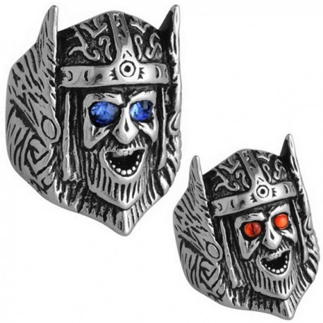 Bague tête de viking yeux strass bleu ou rouge acier DB 1990-N1-N2