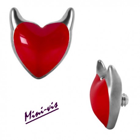 Embout motif coeur endiablé rouge acier 316L pour barre 1,2 mm avec pas de vis interne 0,8 mm IA02