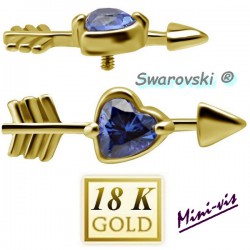 Embout coeur strass bleu SWAROVSKI® flèche or 18 carats pour barre 1,2 mm avec pas de vis interne mini-vis 0,8 mm 18MIAJ11