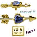 Embout coeur strass bleu SWAROVSKI® flèche or 18 K pour barre 1,2 mm avec pas de vis interne mini-vis 0,8 mm 18MIAJ11