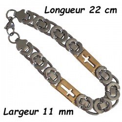 Bracelet acier gros maillons demi-cercles et plaques croix acier doré 11 mm ENH22
