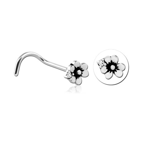 Bijou piercing nez plat motif fleur avec strass tige tire-bouchon acier 316L NO 18